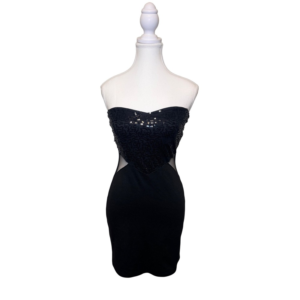 Deb‎ Strapless Black Sequin Mini Dress – Size M – Mesh Waist